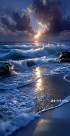 Sunset waves crashing on shore