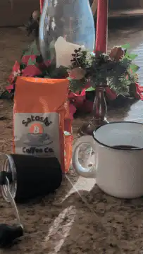 Coffee bag and mug on counter