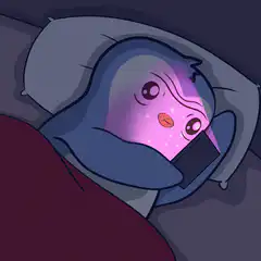 blue character scrolling phone in bed