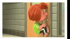 Lucy pulls door handle, Charlie Brown opens door