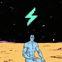 Man sitting on moon with pixel lightning