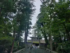 People walking up stone steps to a shrine gate
