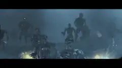 Terminator T-800 skull with army in background