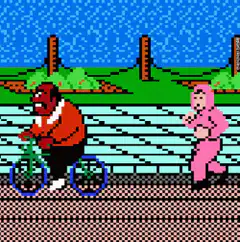 pixel art man on bike chasing woman