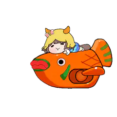 blonde girl riding orange fish