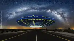UFO hovering over a desert road at night