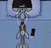 Squidward crying with headphones