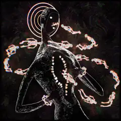 Glowing figure with dancing skeletons