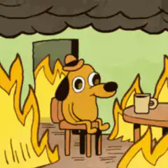 Dog sitting calmly in a burning room