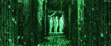 Three figures in Matrix code rain