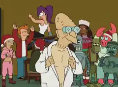 Professor Farnsworth opens his lab coat