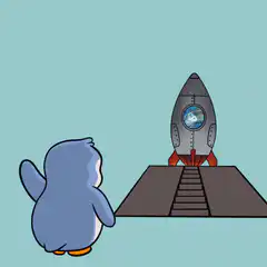 Blue penguin watching rocket