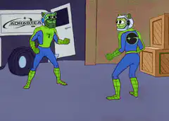 Two superheroes pointing at each other