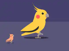 Yellow cockatoo pecks small pink bird