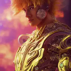Golden armored man with headphones