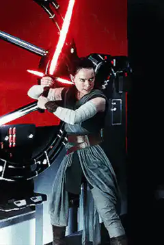 Rey deflects red lightsaber