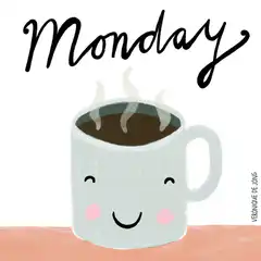 Smiling coffee mug with Monday text