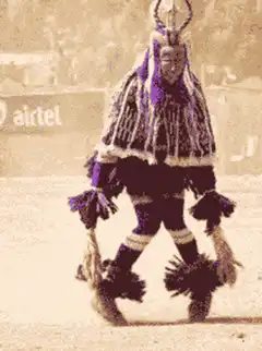 Person in purple and white costume dancing