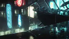 rainy cyberpunk street with neon signs