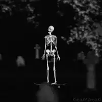 Skeleton skateboarding in a graveyard