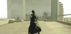Man in suit doing backflip on rooftop