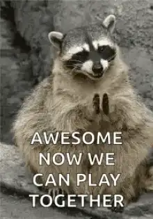 Raccoon with hands clasped text