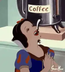 Snow White drinks coffee