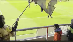 Woman in golden cape at soccer stadium