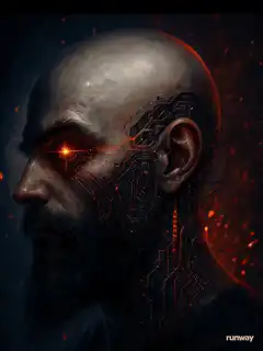Cyborg man with glowing eye and circuitry