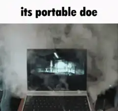 Laptop smoking with its portable doe text