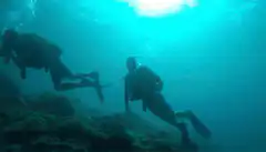 Two scuba divers swimming underwater