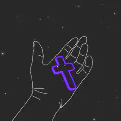 Hand holding purple cross with stars