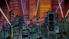 Cyberpunk cityscape with laser beams