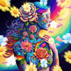 Psychedelic floral woman with rainbow background