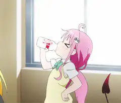 Pink-haired anime girl chugs milk