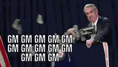 Jerome Powell printing money with a machine gun