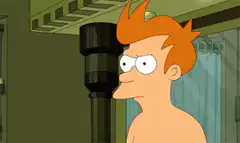 Fry looking skeptical in shower
