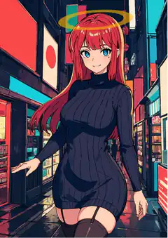Anime girl with halo in neon alley
