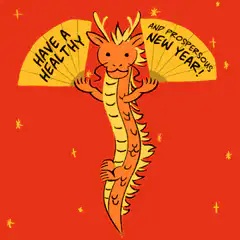 Cute dragon holding fans with New Year text