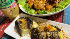 Japanese grilled eggplant and chicken salad with drink