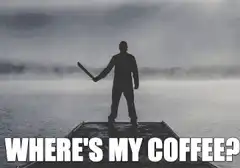 Man on dock with knife asking for coffee