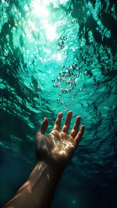 Hand reaching up underwater with bubbles