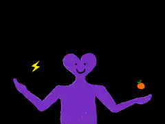 purple heart character juggling lightning and orange