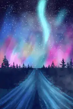 Aurora Borealis over snowy road