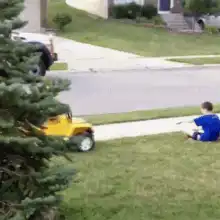 Kid in toy jeep runs over boy