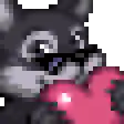 pixel art wolf holding colored hearts