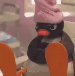 Pingu with a towel on his head