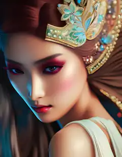Woman with ornate blue and gold hairpiece