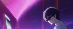 Anime boy with glasses looking down