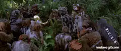 Ewoks celebrate in the forest